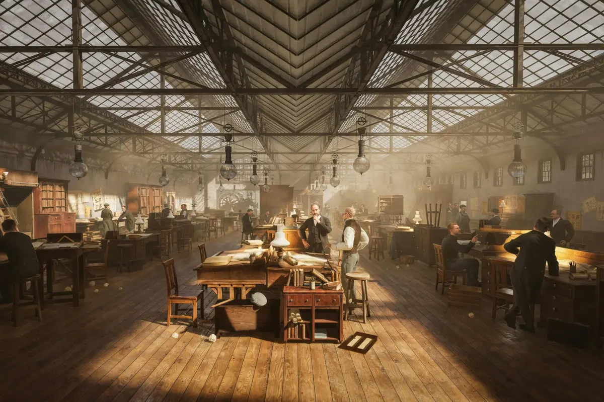 Un atelier historique où des artisans, assis à des tables en bois sous une verrière, se consacrent à divers métiers et activités.