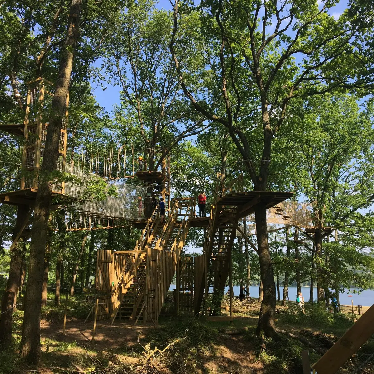 Parc d'aventures dans les arbres avec des plates-formes, des ponts et des échelles en bois parmi les grands arbres ; des personnes marchent sur les structures.