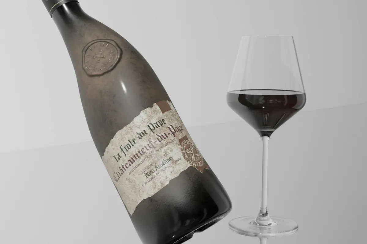 A bottle of la fiole du pape and a class of red wine in a blank space