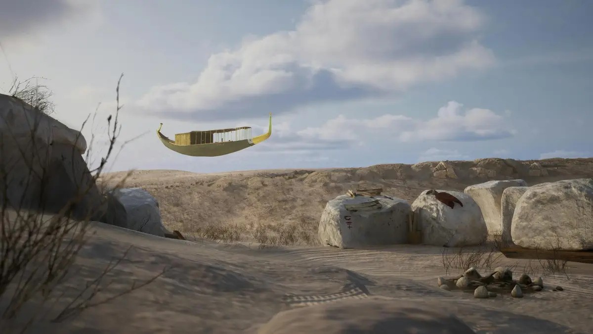 Un objet en forme de bateau flotte dans le ciel au-dessus d'un désert de sable avec de gros rochers. Ciel nuageux en arrière-plan.