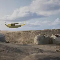 Un objet en forme de bateau flotte dans le ciel au-dessus d'un désert de sable avec de gros rochers. Ciel nuageux en arrière-plan. &copy; TDB