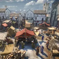 Scène de marché médiéval avec des personnes en tenue d'époque, diverses tentes, étals et bâtiments en arrière-plan sous un ciel nuageux. &copy; Carcassonne