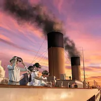 Des personnes sur le pont d'un navire portant des casques de réalité virtuelle, avec les cheminées visibles sous un ciel coloré. &copy; TITANIC