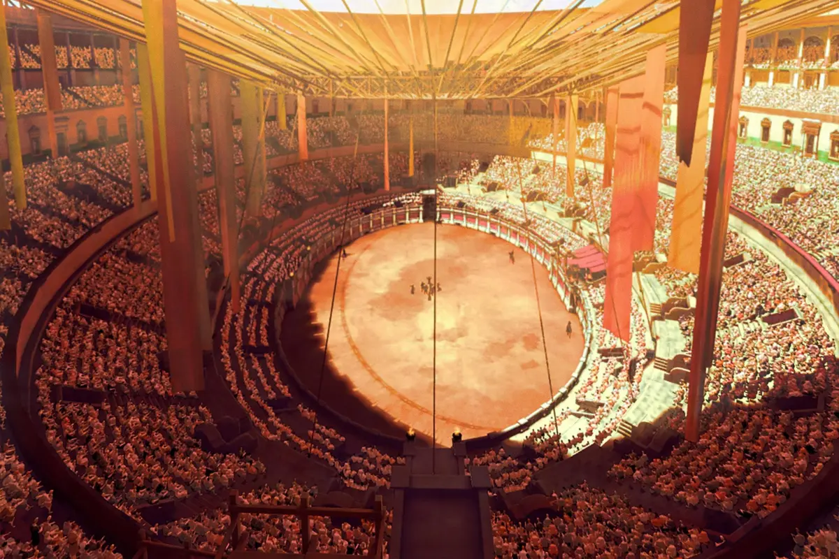 Une grande arène intérieure circulaire remplie d'une foule et un spectacle se déroulant au centre sous un éclairage chaleureux.