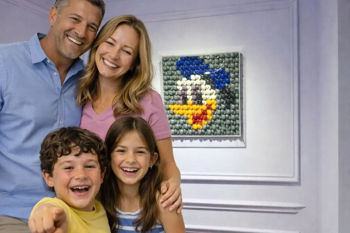 Une famille de quatre personnes souriantes, debout ensemble à l'intérieur, avec une illustration colorée représentant un personnage en forme de canard accrochée au mur derrière elles.