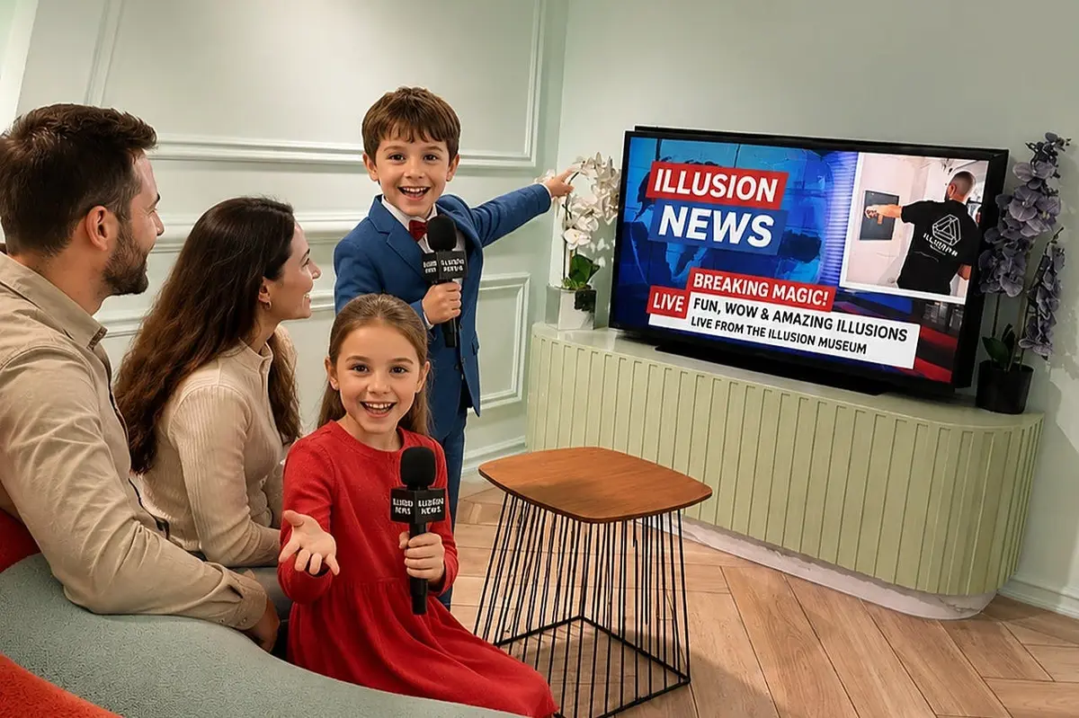Un garçon et une fille tiennent des microphones, l'un debout et l'autre assise, dans un salon, avec deux adultes assis à leurs côtés.