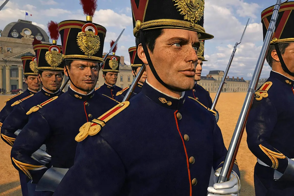 Un groupe de soldats en uniforme, en formation, coiffés de chapeaux richement décorés, se tenant debout à l'extérieur près d'un bâtiment historique, sous un ciel bleu.