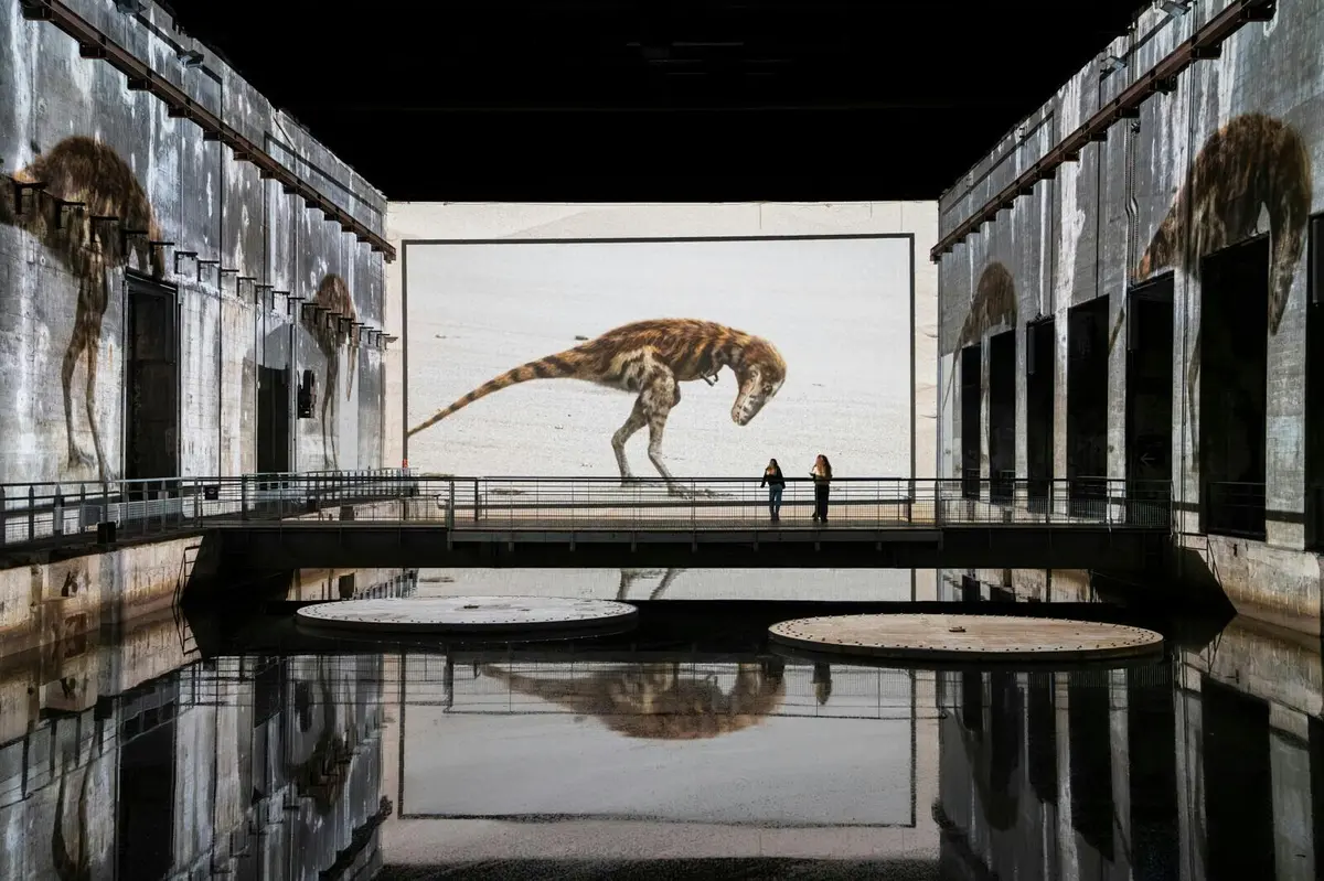 Une grande image de dinosaure projetée sur un écran dans un espace de style industriel, avec de l'eau qui reflète la lumière et deux personnes qui l'observent.