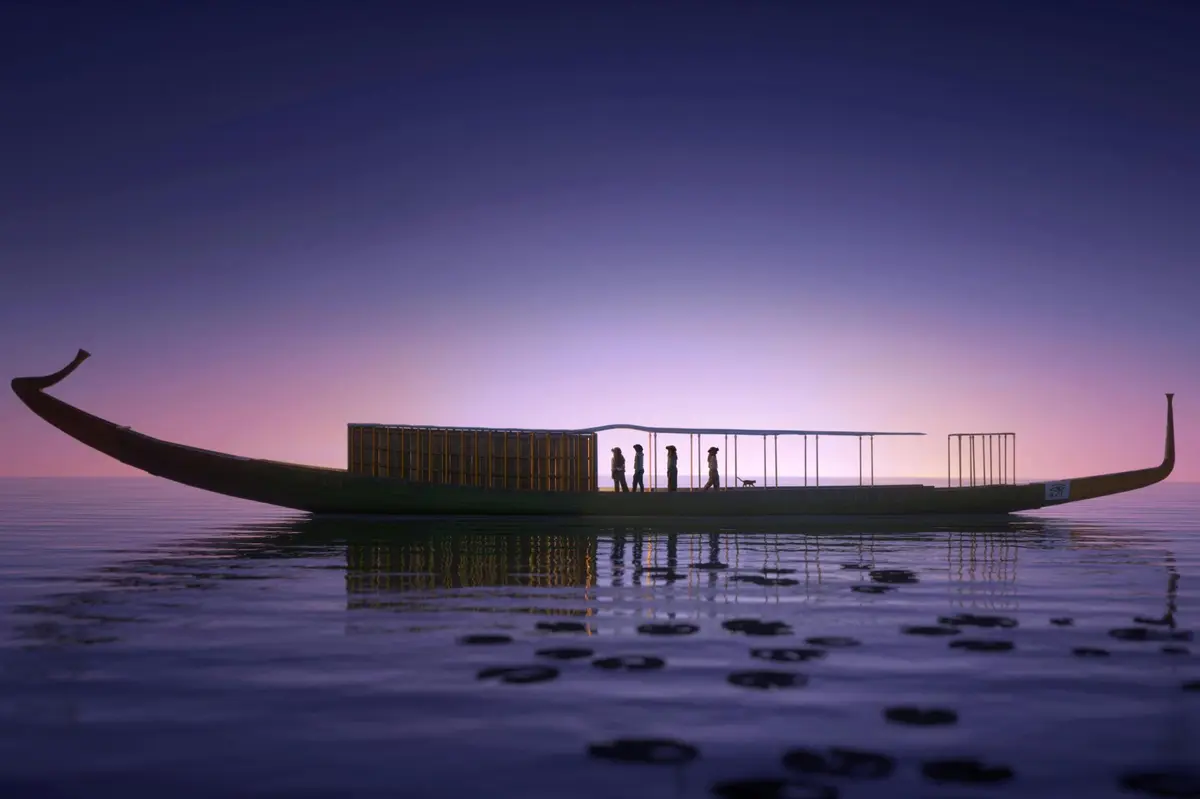 Solar barque, virtual reality headset, The Horizon of Khufu