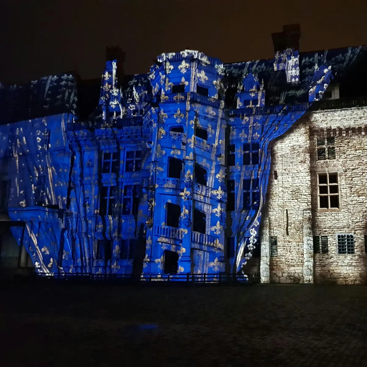 Façade d'un bâtiment historique éclairée de nuit par des projections cartographiques bleues et blanches. Terrain pavé devant.