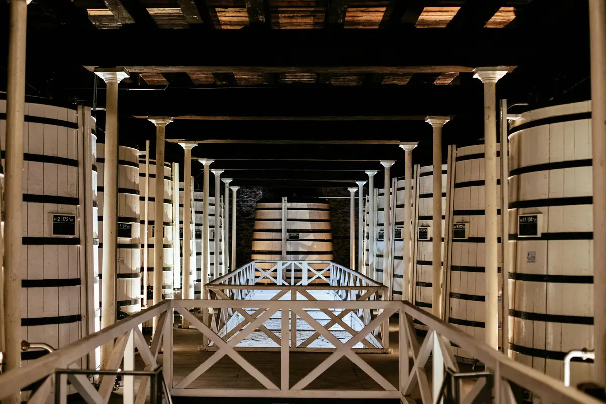 Une passerelle aux rampes blanches mène à une salle obscure aux poutres en bois, où sont alignés de part et d'autre de grands tonneaux blancs.