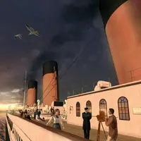 Passagers sur le pont d'un grand navire avec des cheminées, des mouettes volant au-dessus de la tête et un coucher de soleil en arrière-plan. &copy; TITANIC