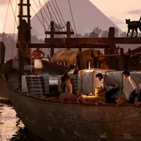 Personnes travaillant sur un bateau en bois, déchargeant des caisses. Une pyramide et des palmiers sont visibles à l'arrière-plan. Un chat se promène sur le pont. &copy; TDB