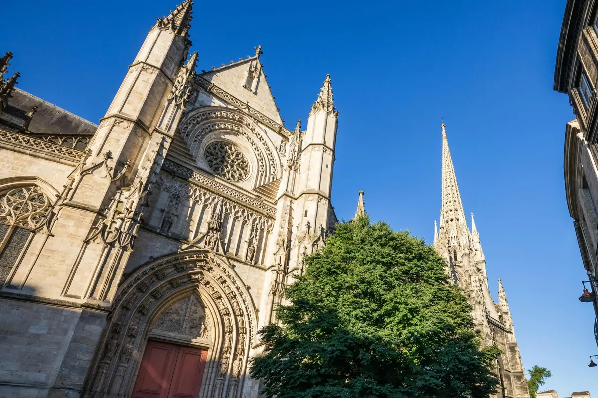Une cathédrale de style gothique aux détails raffinés et dotée d'une haute flèche, encadrée par un arbre sur fond de ciel bleu limpide.