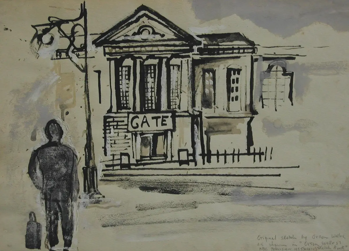 Croquis en noir et blanc d'un bâtiment avec un panneau GATE, des colonnes et la silhouette d'un piéton sur le côté gauche.