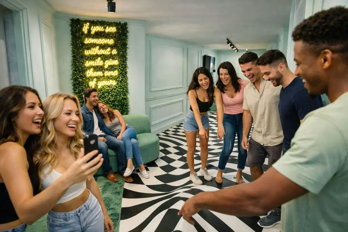 Un groupe d'amis dans une pièce moderne au sol à motifs, en train de prendre des photos et de rire près d'une enseigne au néon accrochée à un mur vert.