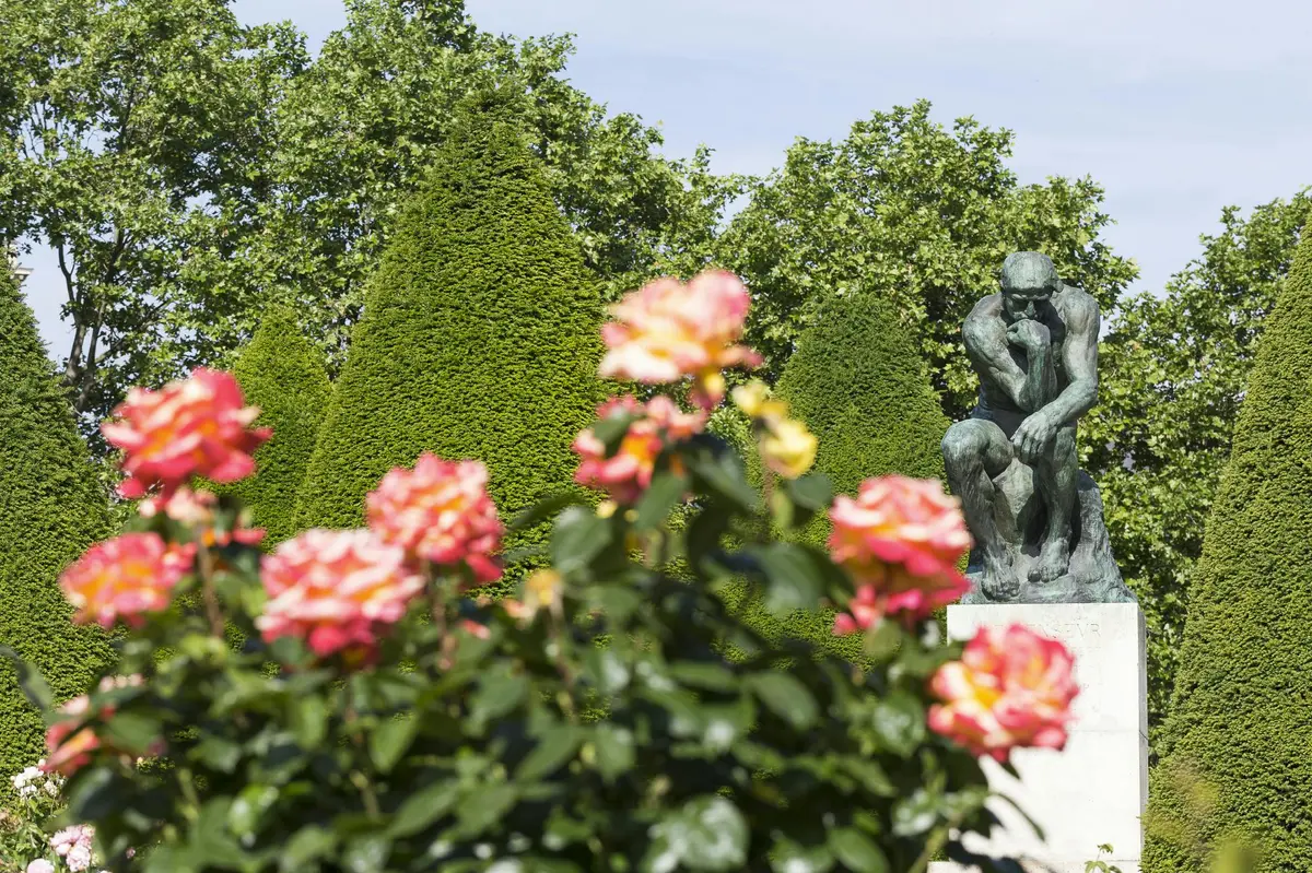 Un jardin avec des fleurs roses au premier plan et une sculpture en bronze d'un personnage pensant devant des haies bien taillées.