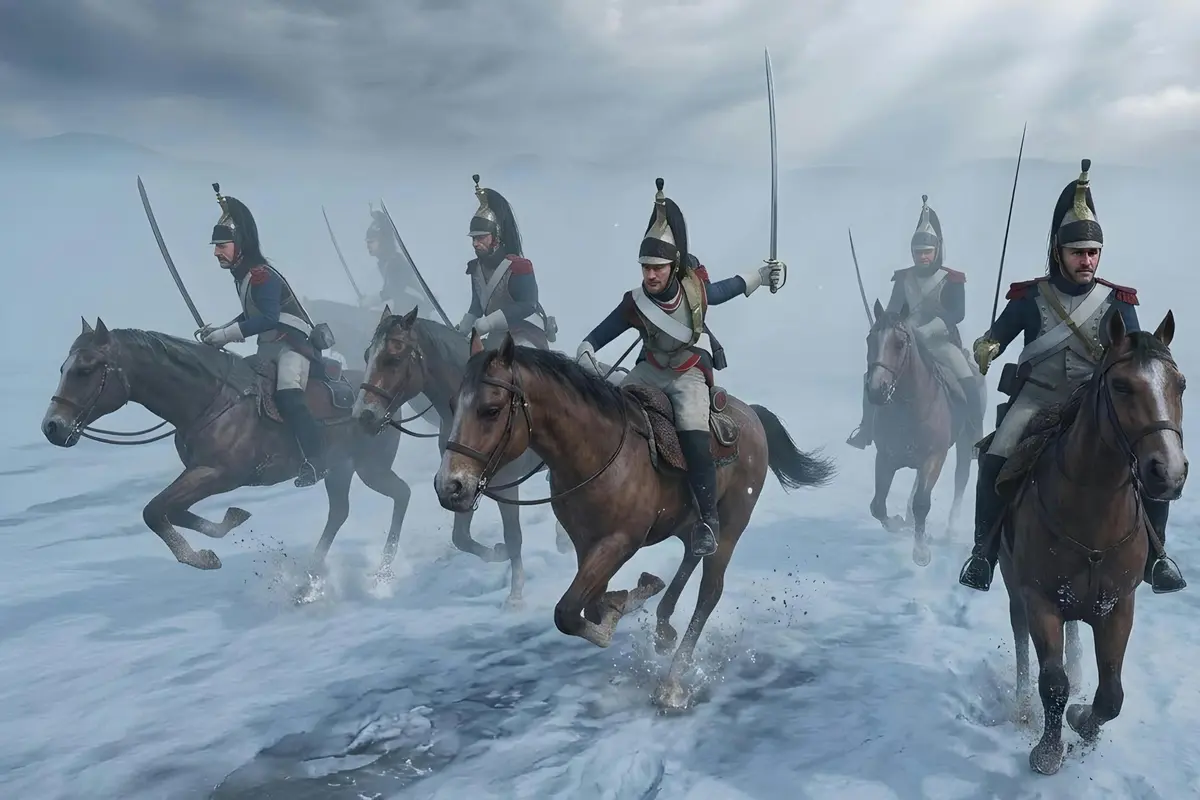 Un groupe de cavaliers en uniformes d'époque chevauchant à travers un paysage enneigé, l'épée à la main, sous un ciel nuageux.