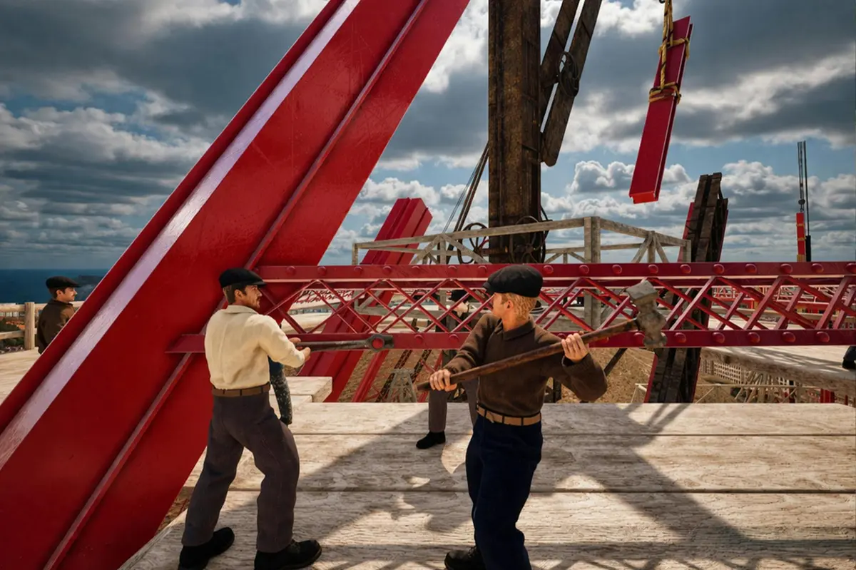 Des ouvriers, coiffés de casquettes et vêtus de chemises, montent une structure métallique sur un chantier, avec un ciel nuageux en arrière-plan.