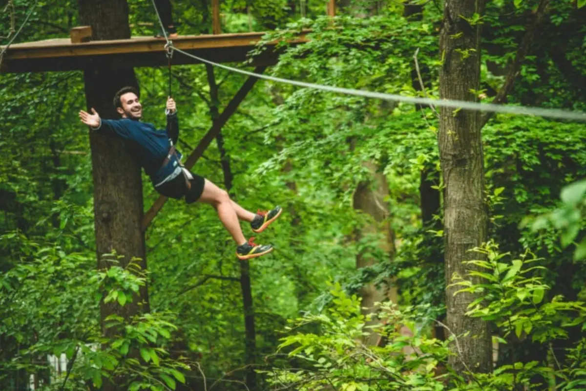 Personne souriante faisant de la tyrolienne dans une forêt luxuriante, portant un harnais et un équipement de sécurité. Une plate-forme en bois surélevée est visible à l'arrière-plan.