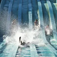 Quatre personnes glissent sur des toboggans parallèles, et deux d'entre elles se jettent dans la piscine au fond. DR