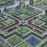 Jardin symétrique avec des parterres de fleurs bien ordonnés et des haies taillées, doté d'une fontaine centrale et d'allées formant un X. DR