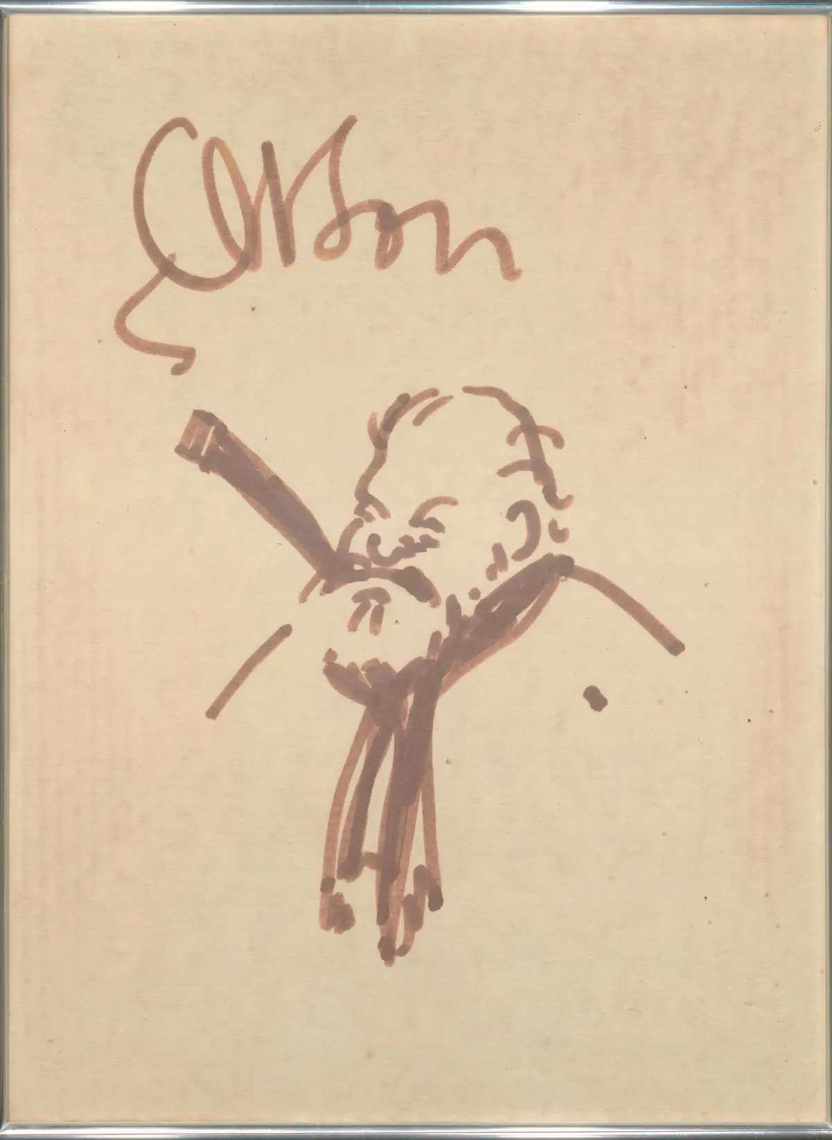 Dessin au trait simple d'un homme barbu fumant un cigare, avec une signature au-dessus de sa tête sur un fond uni.