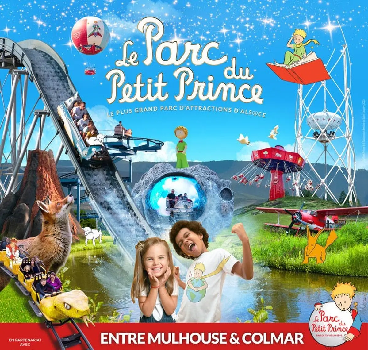 Publicité colorée pour le Parc du Petit Prince avec des manèges, des animations et des enfants souriants. Situé entre Mulhouse et Colmar.