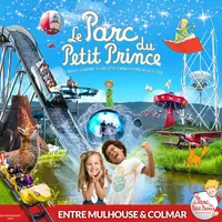 Publicité colorée pour le Parc du Petit Prince avec des manèges, des animations et des enfants souriants. Situé entre Mulhouse et Colmar. DR