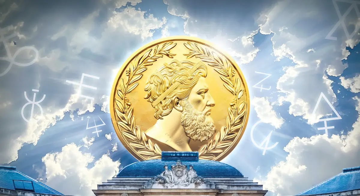 Une grande pièce d'or avec le profil d'un homme barbu et une couronne de laurier, sur fond de ciel avec des nuages et des symboles.