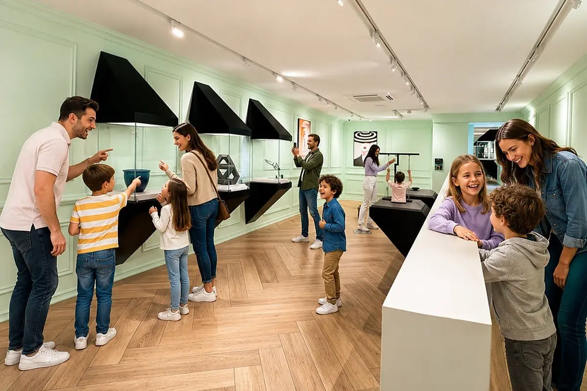 Une famille avec des enfants qui découvre une exposition interactive dans un musée moderne et bien éclairé, doté de parquet et de vitrines.