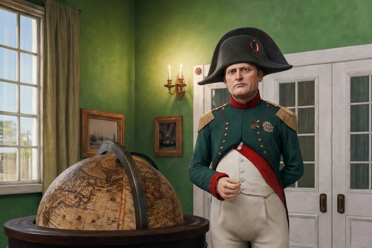 Un homme vêtu d'un uniforme vert et coiffé d'un bicorne se tient à l'intérieur, à côté d'un globe terrestre, avec des tableaux encadrés et des portes en arrière-plan.