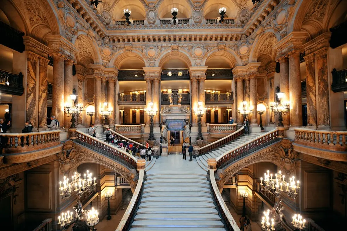Grand escalier orné dans un bâtiment somptueux avec des colonnes, des lustres, des arcades et des personnes marchant ou s'asseyant sur les marches.