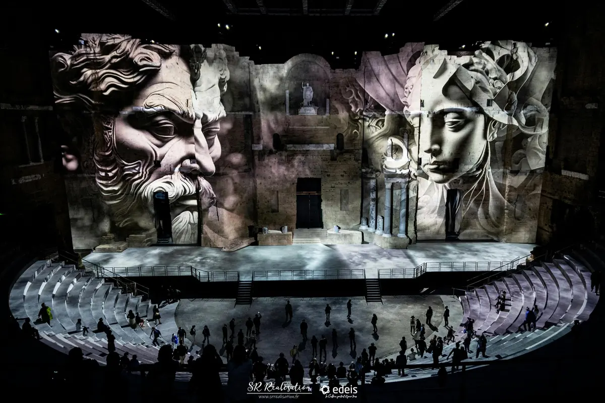 A painting of divinities on the stage wall