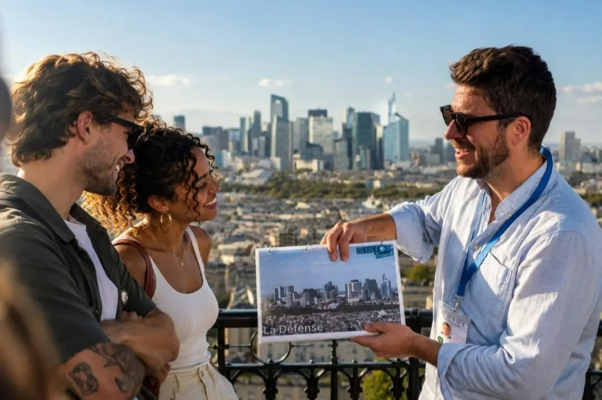 Un homme montre une photo intitulée « La Défense » à une femme sur un toit, avec une vue sur la ville en arrière-plan.