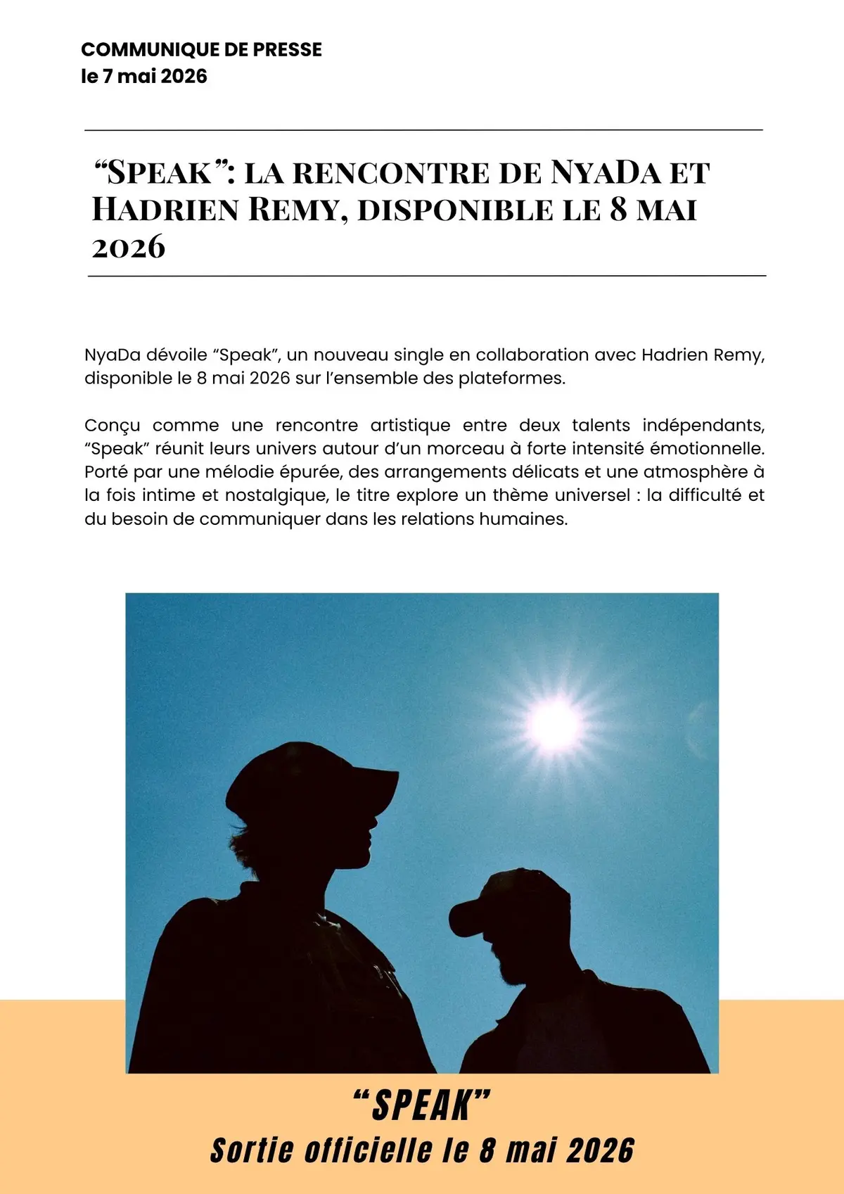 NyaDa sort Speak en mai 2026, un single intime sur la communication dans les relations et des concerts à Paris et Montreuil cet été