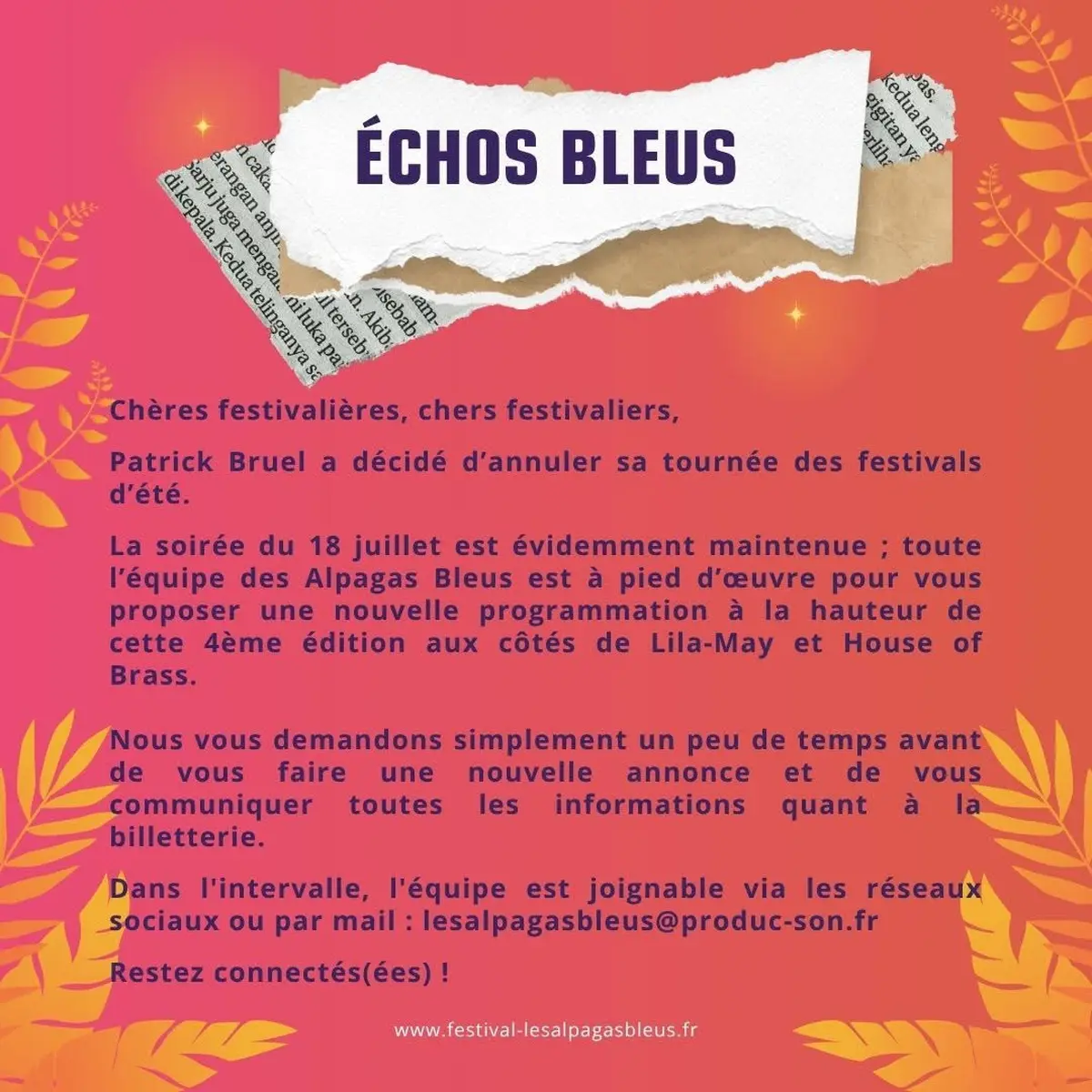 Festival Les Alpagas Bleus à Saverne : Patrick Bruel annule, la soirée du 18 juillet est maintenue