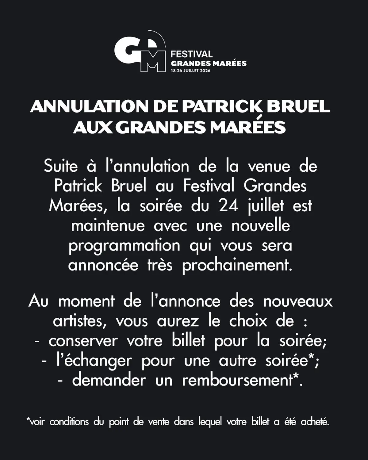 Festival Grandes Marées : annulation de Patrick Bruel et nouvelle programmation à venir