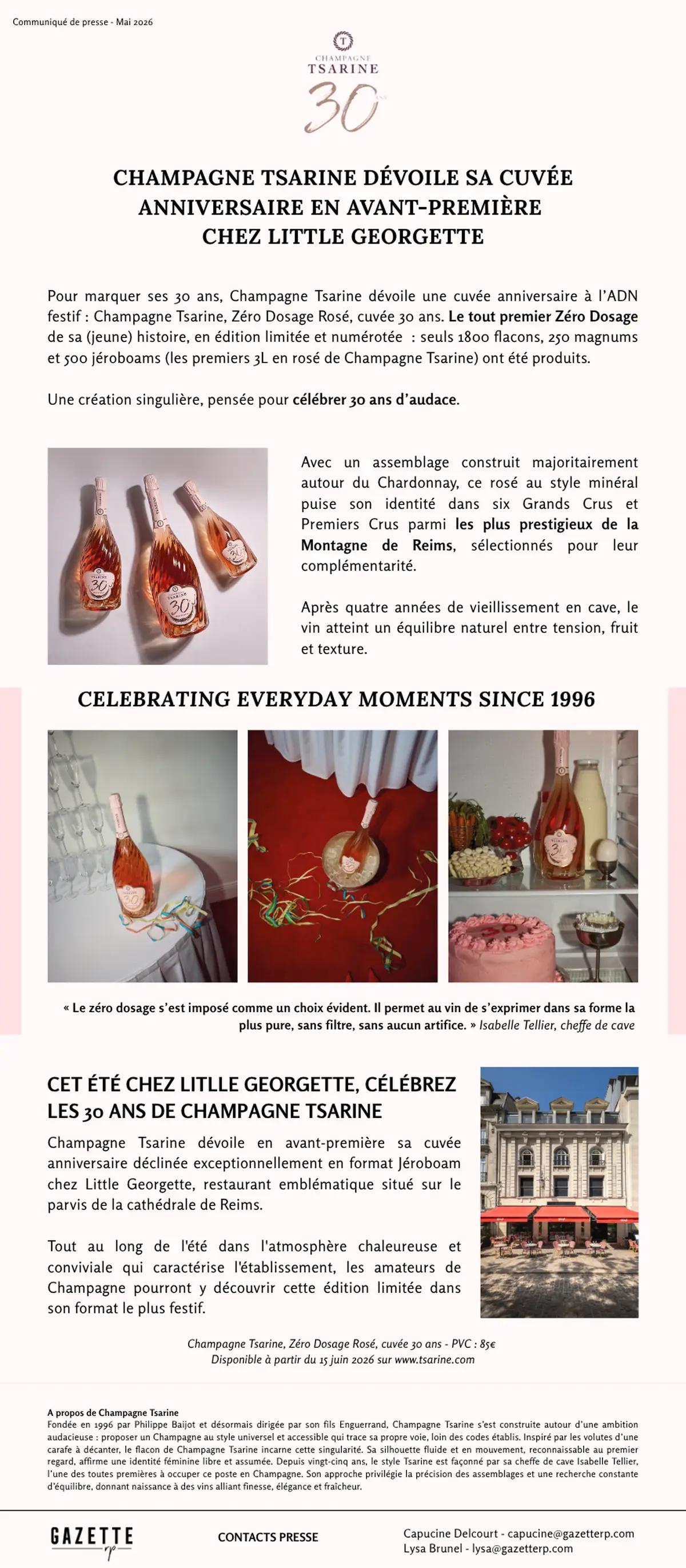 Champagne Tsarine fête ses 30 ans à Reims avec un rosé zéro dosage inédit à découvrir en avant-première chez Little Georgette