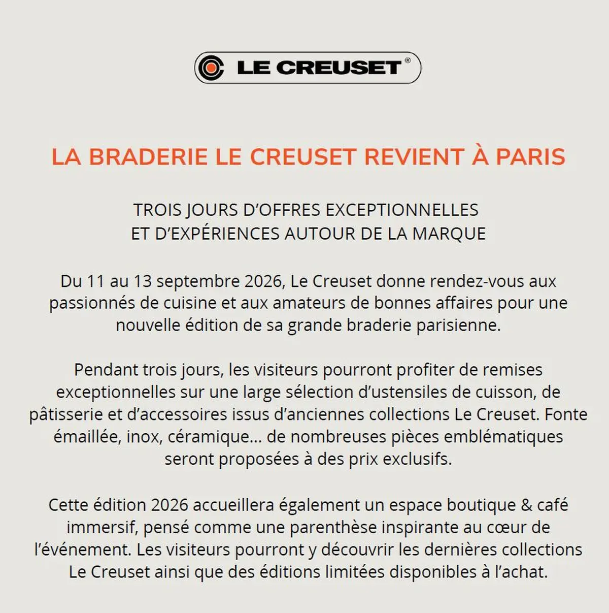 Braderie Le Creuset à Paris : ustensiles et accessoires de cuisine à prix réduits