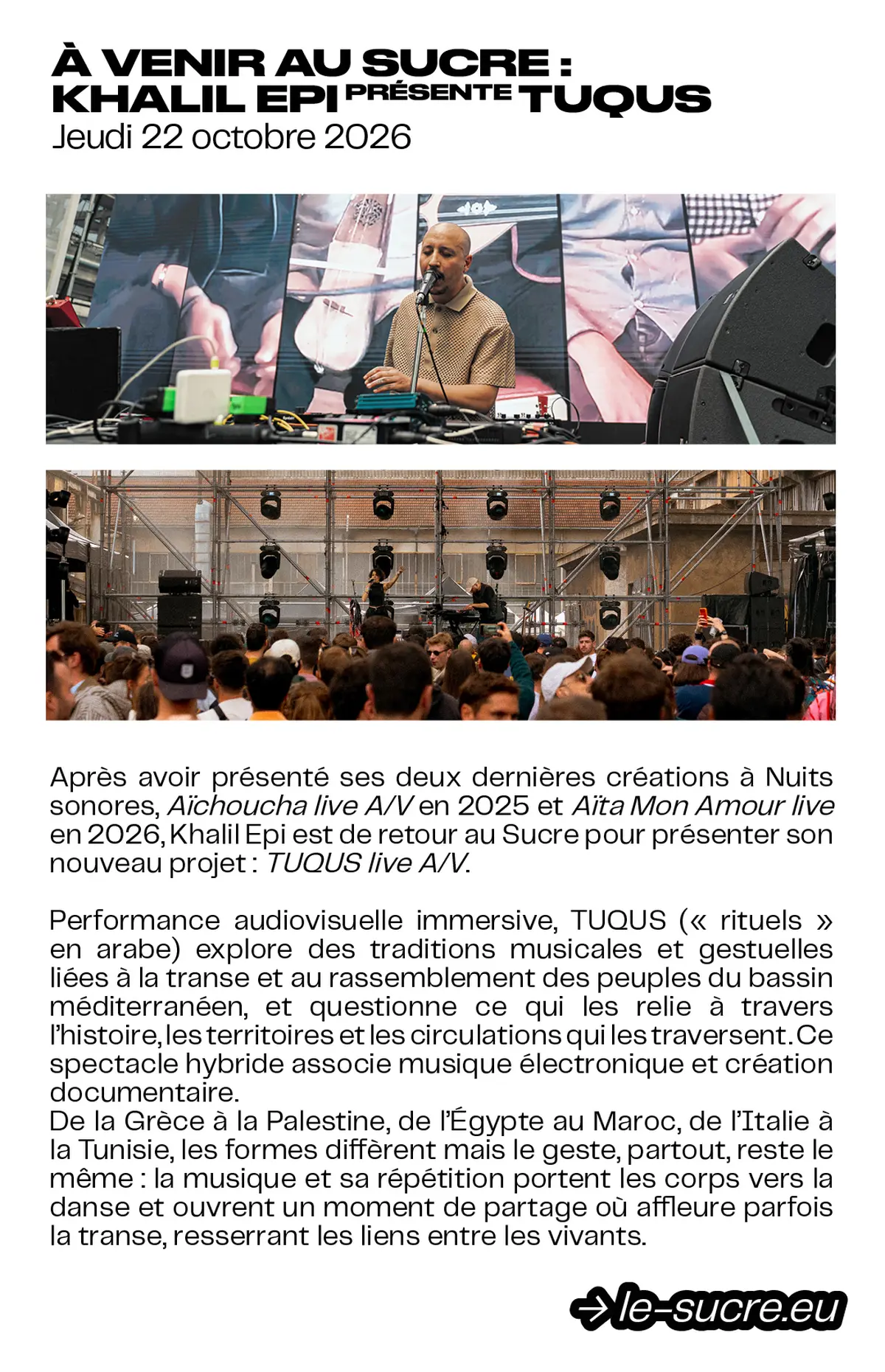 Khalil Epi présente TUQUS au Sucre de Lyon : un concert-rituel entre musiques électroniques et traditions méditerranéennes