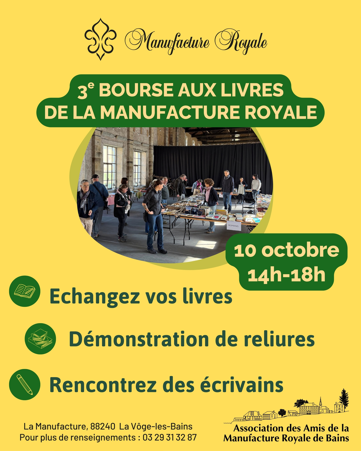 Bourse aux livres, dédicaces et reliures à la Manufacture Royale de Bains-les-Bains