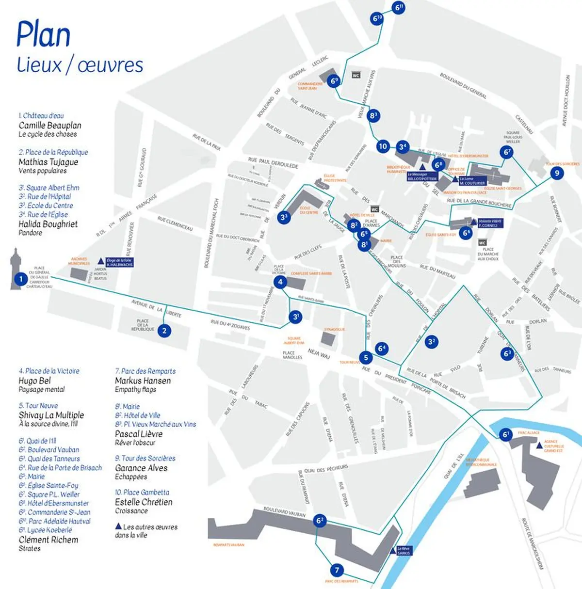 Plan de la ville avec les installations artistiques 