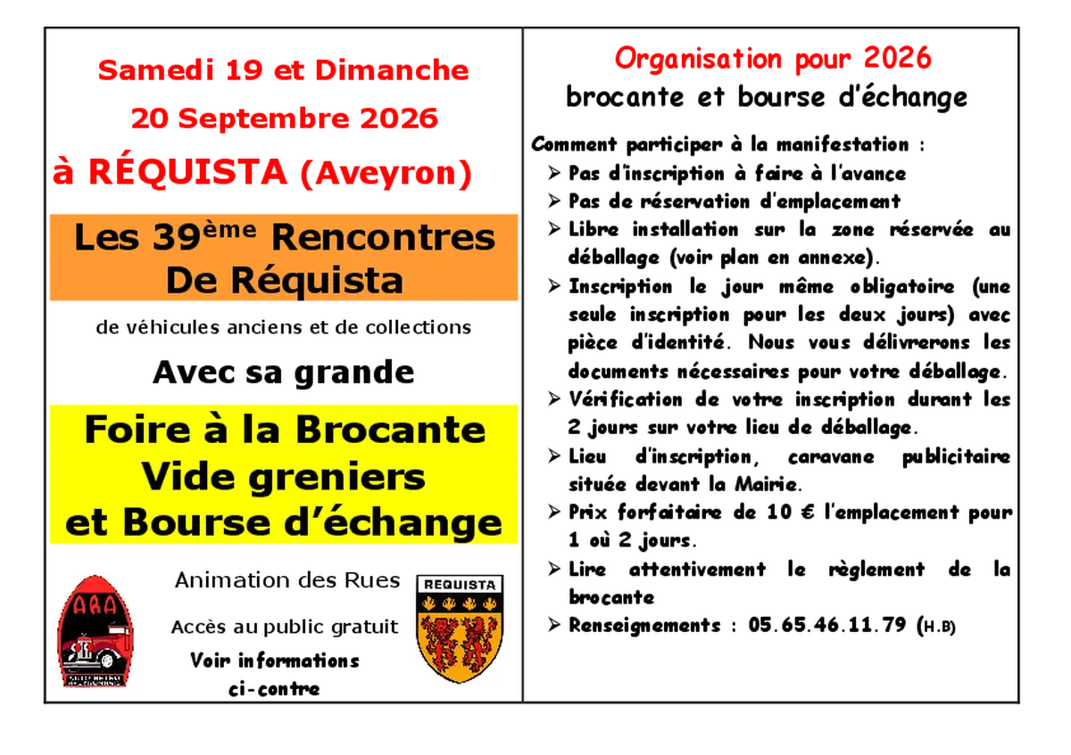 39eme édition Foire à la Brocante - Vide Grenier - Bourse d'Echange et Rencontres de Réquista de véhicules anciens et de collections