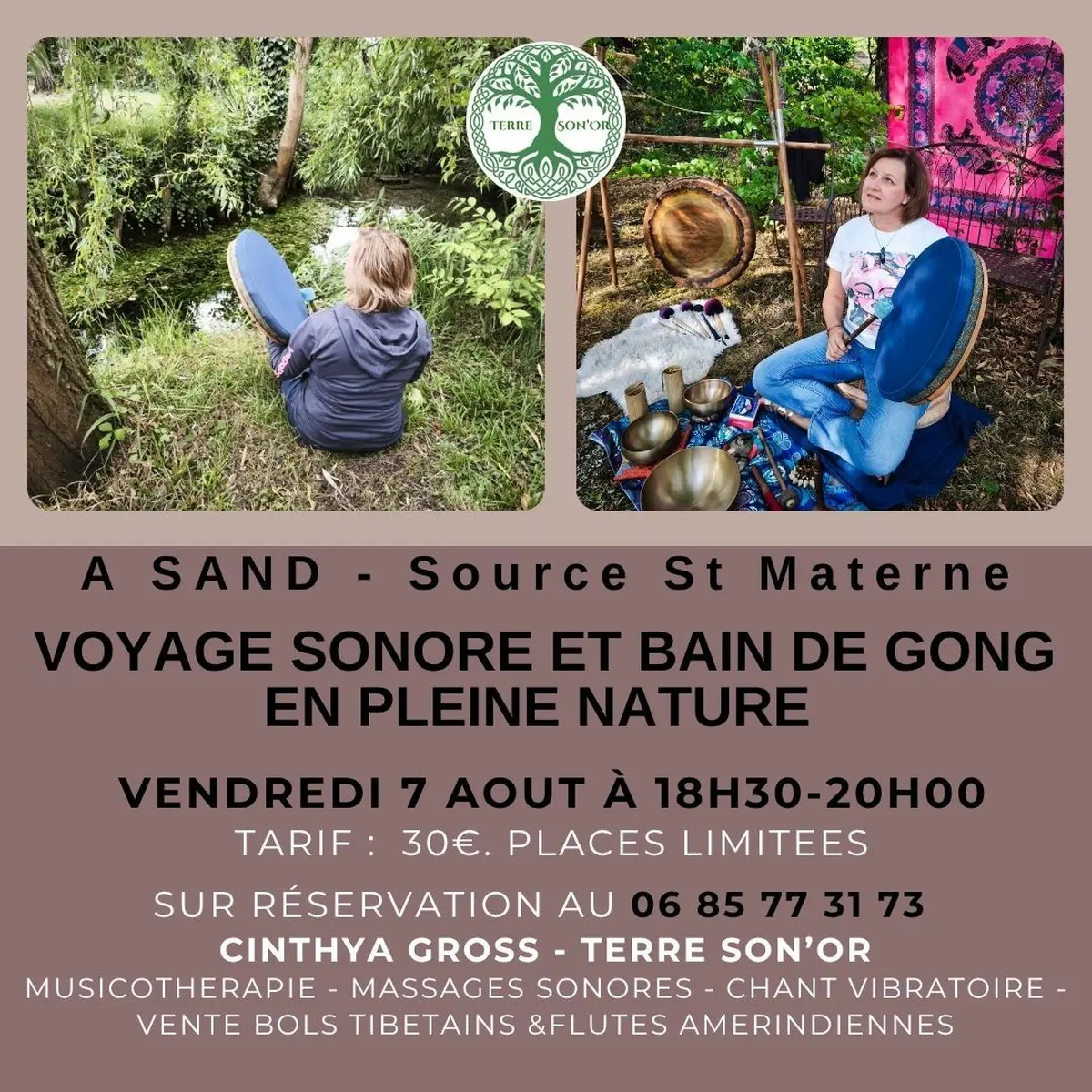 Voyage sonore bols tibétains & bain de gong sacré  en lisière de forêt à Sand
