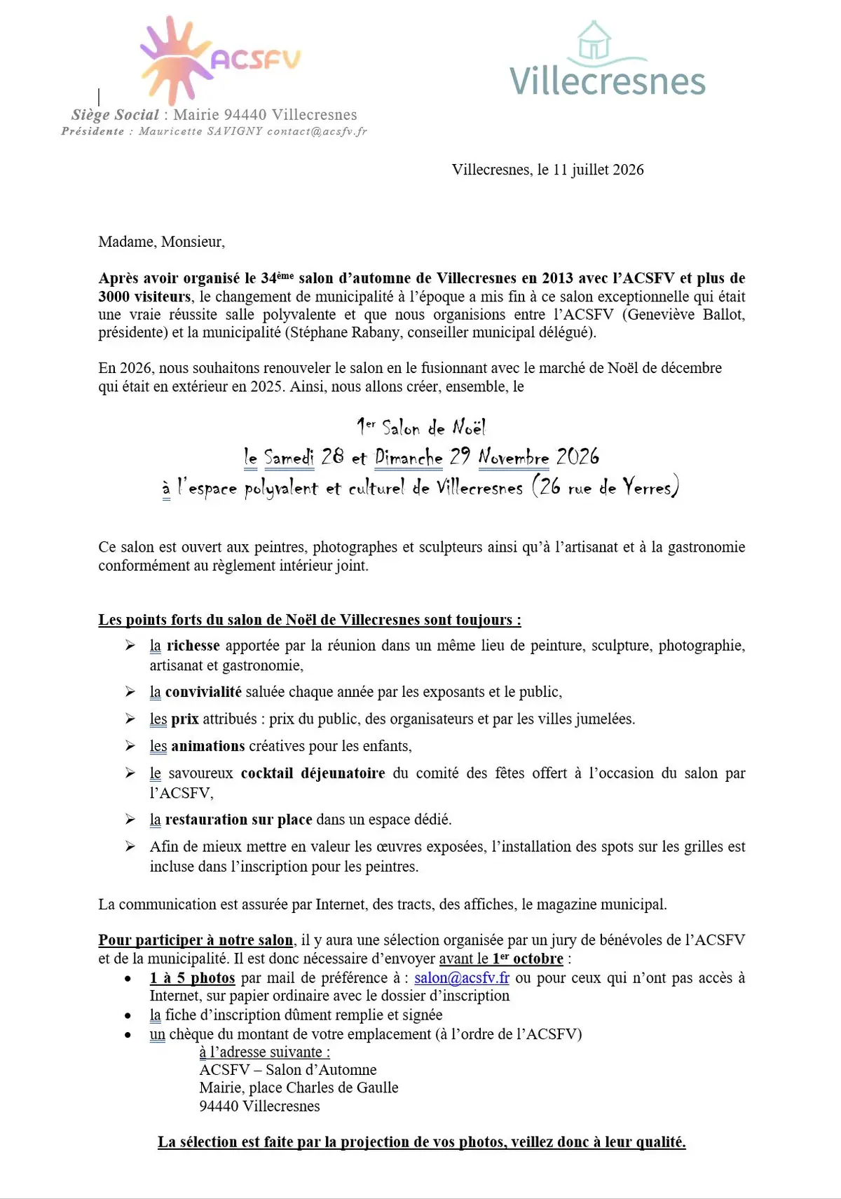 Salon à Villecresnes (Val de Marne) près de Paris 28 et 29 novembre 2026