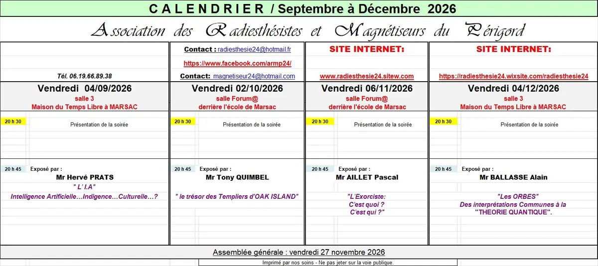 Conférence vendredi 06/11/2026 à 20h30 animée par Mr AILLET Pascal
