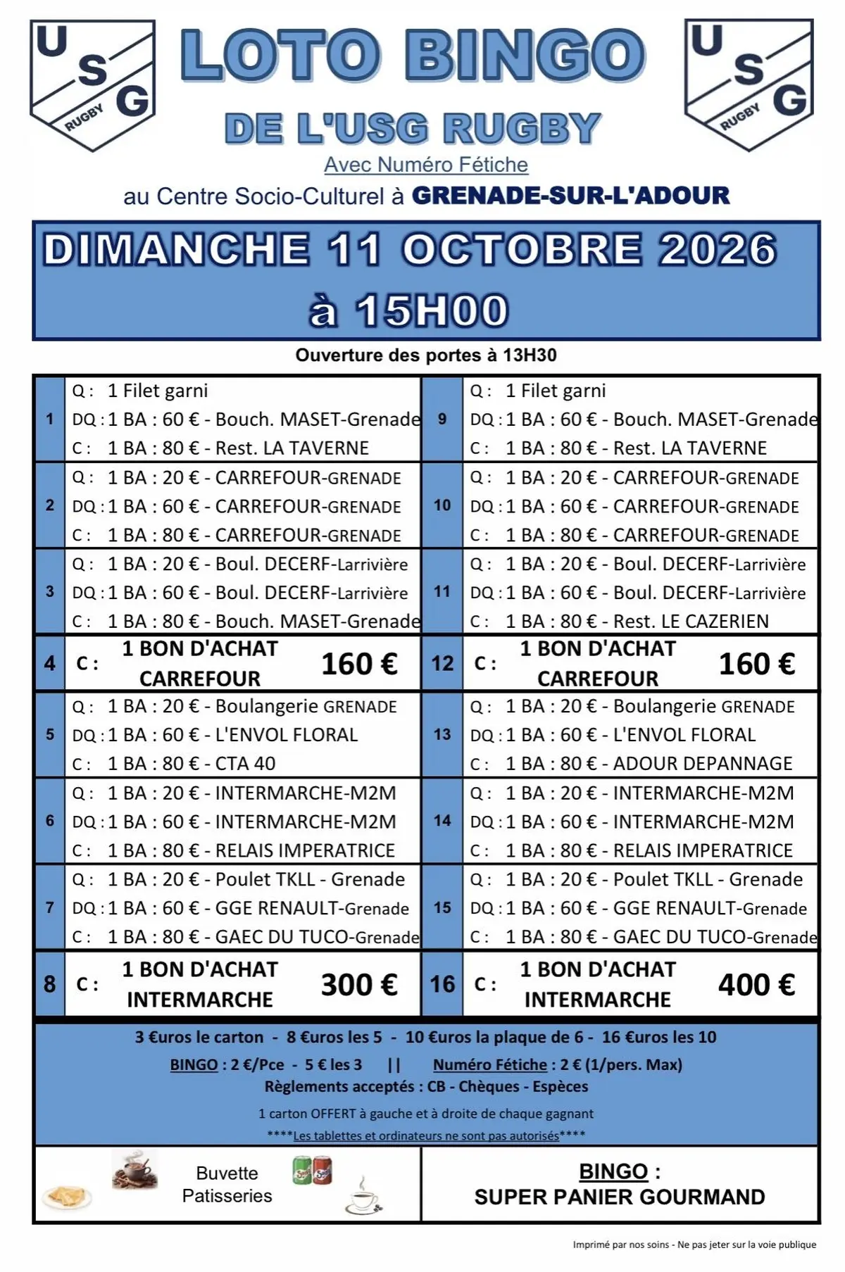 SUPER LOTO BINGO de l'USG RUGBY avec Numéro Fétiche