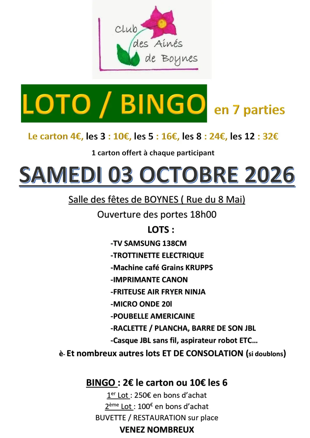Loto / Bingo du Club des Aînés de Boynes