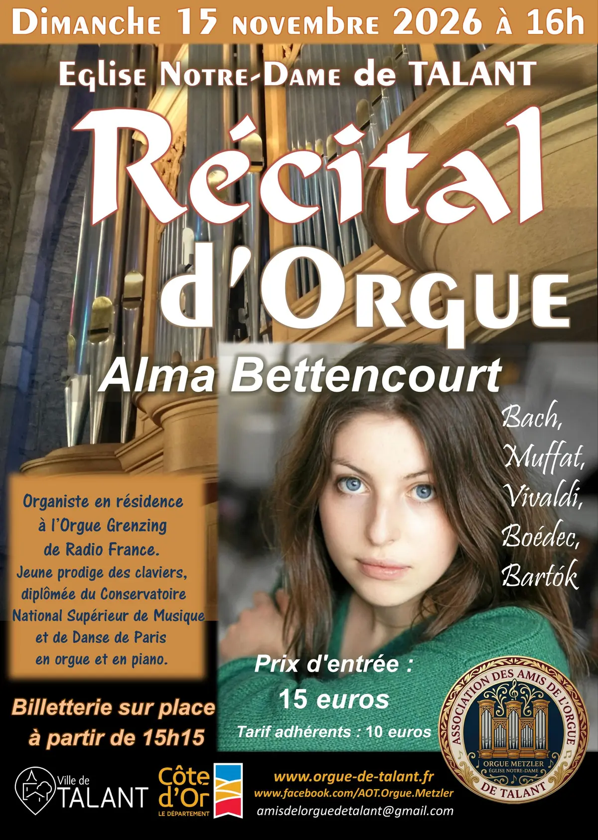 Concert d'Orgue à Talant avec Alma Bettencourt le dimanche 15 novembre à 16h